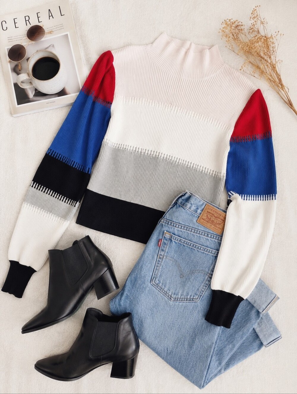 French Connection Colorblock Ribbed Funnel-Neck Sweater Modern Minimalist Size L